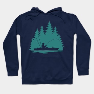 Kayak Fisherman Rural Forest Scene with Aqua Background Hoodie